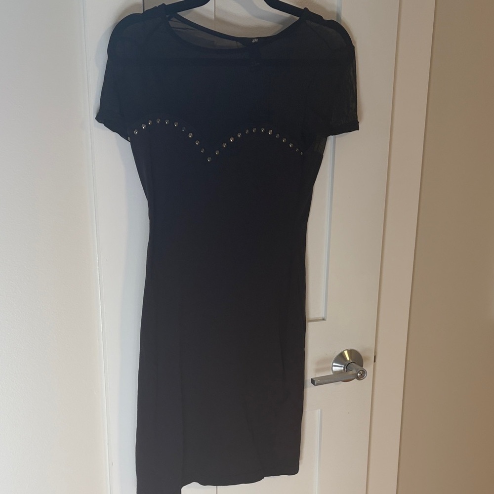 ⭐️H&M Black Mini Dress with Sheer Mesh Yoke and Stud Accents